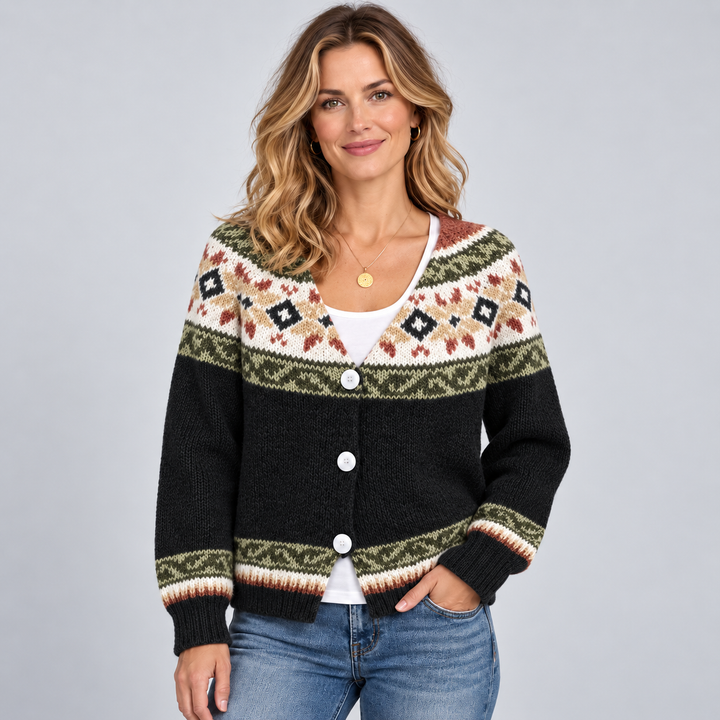 Megan | Relaxed Fair Isle Cardigan Womens V-Neck Sweater