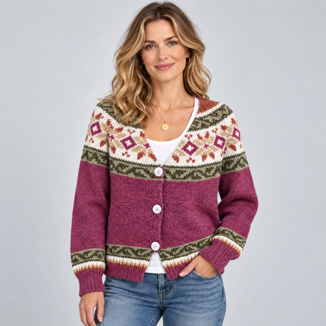 Megan | Relaxed Fair Isle Cardigan Womens V-Neck Sweater