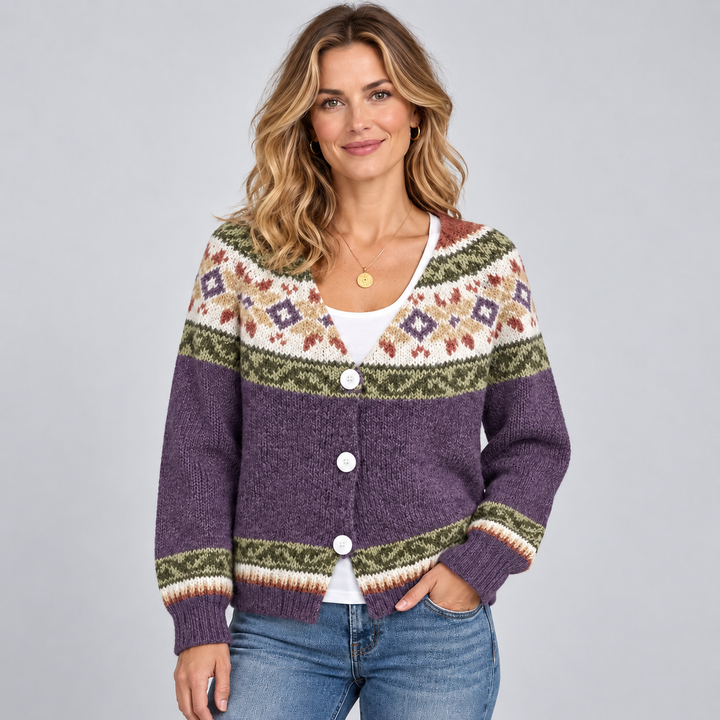Megan | Relaxed Fair Isle Cardigan Womens V-Neck Sweater
