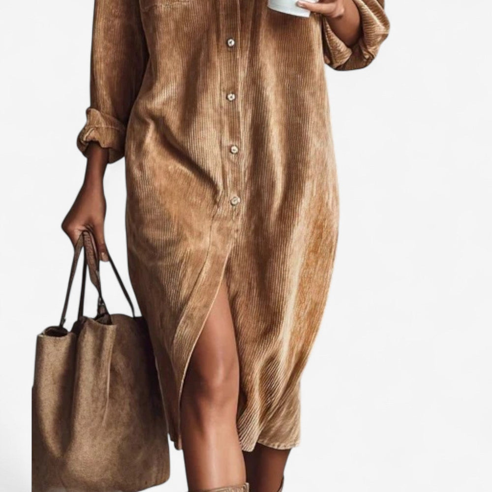 Melissa | Refined Fall Wedding Guest Ribbed Midi Shirt Dress