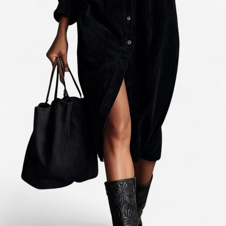 Melissa | Refined Fall Wedding Guest Ribbed Midi Shirt Dress