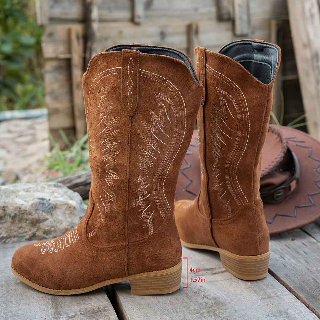 Nancy | Embroidered Mid-Calf Low Heel Cowboy Boots