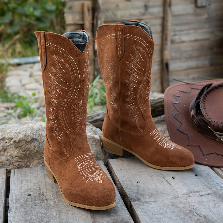 Nancy | Embroidered Mid-Calf Low Heel Cowboy Boots