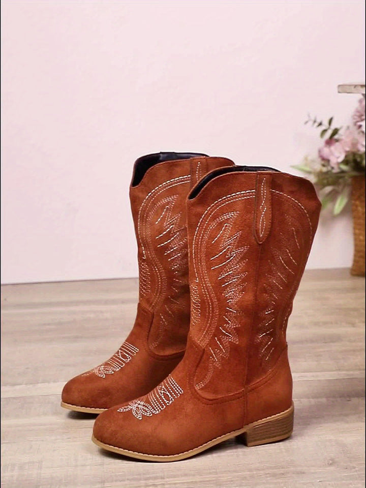 Nancy | Embroidered Mid-Calf Low Heel Cowboy Boots
