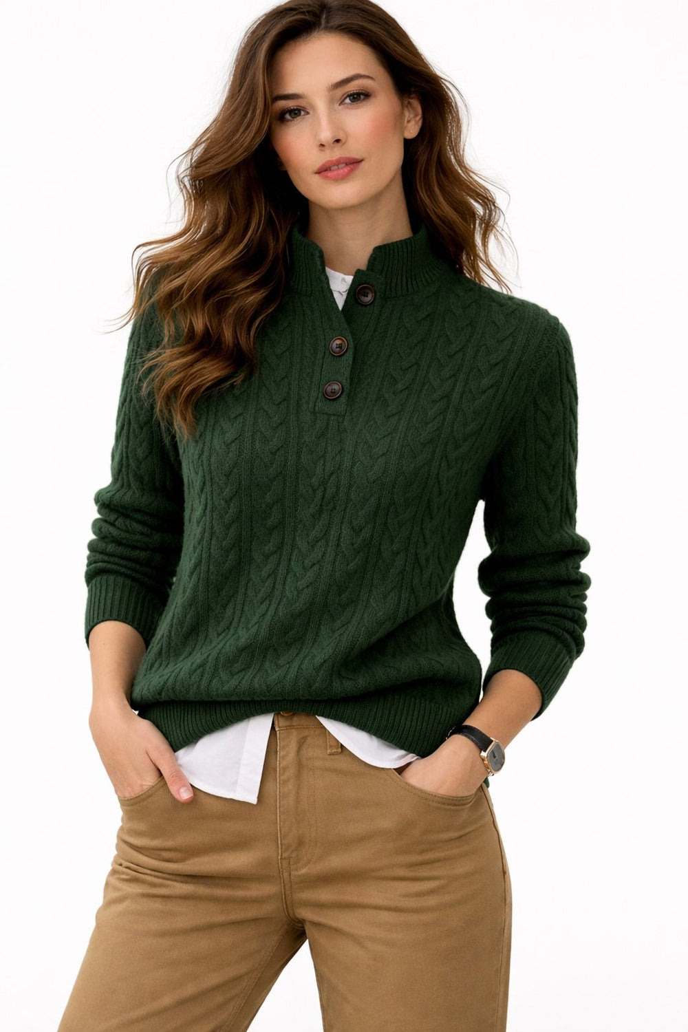 Nancy | Graceful Button-Collar Cable Knit Sweater