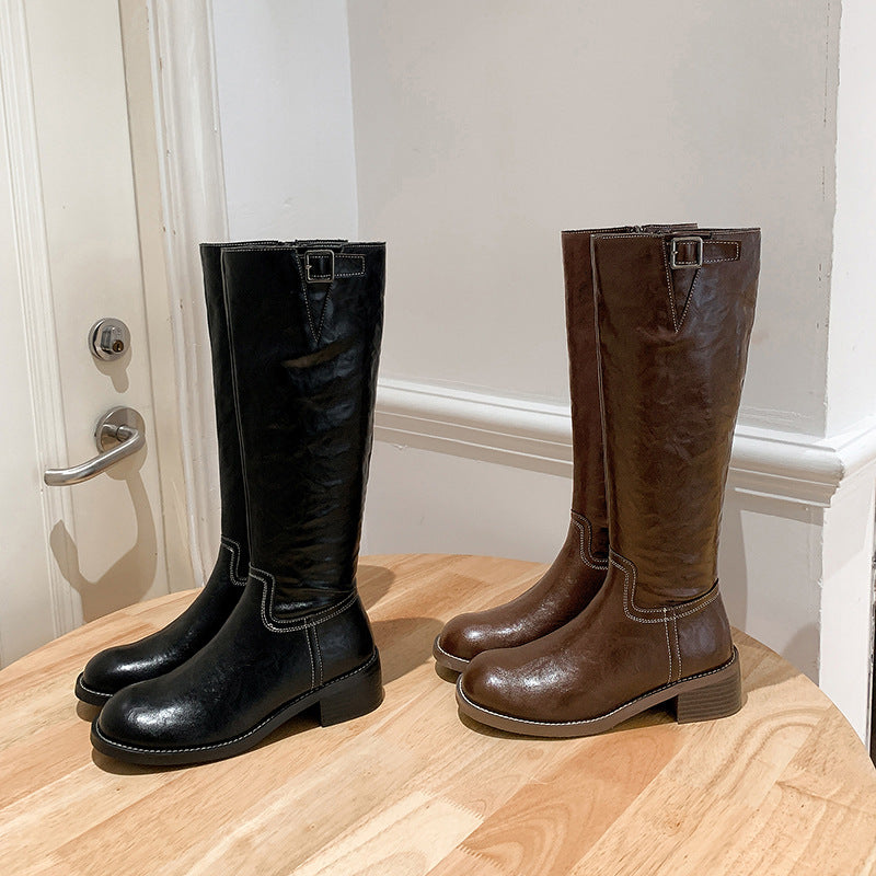 Nancy | Relaxed Buckle Strap Knee High Boots with Block Heel