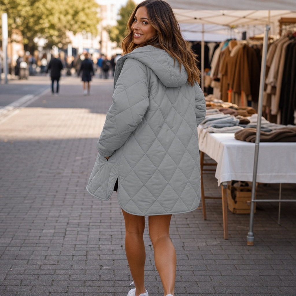 Natalie | Longline Diamond Quilted Hooded Puffer Jacket