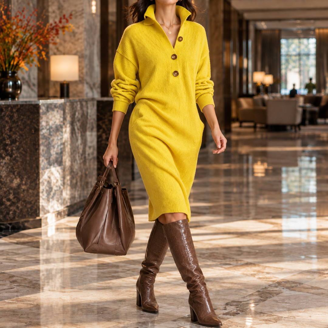 Natalie | Refined Collared Button Knit Sweater Dress