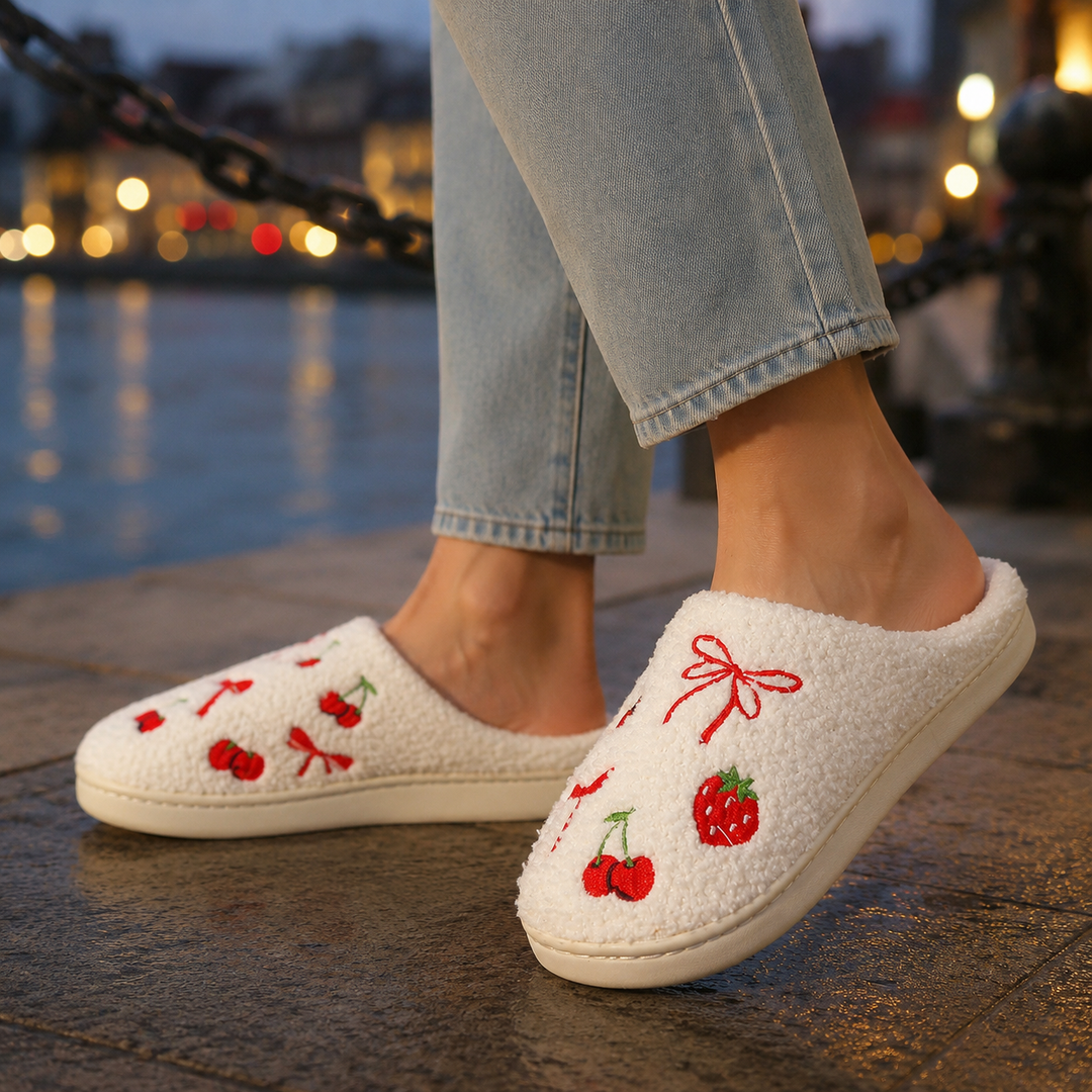 Nicole | Chic Embroidered Fruit Print Slip-On Slippers