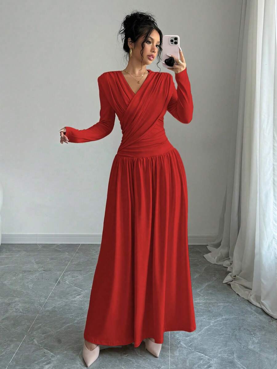 Nicole | Graceful V-Neck Wrap Maxi Holiday Dress