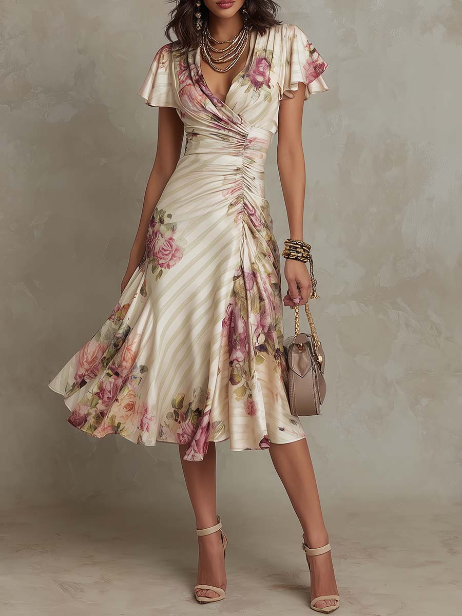 Nicole | Refined Wrap Floral Fall Wedding Guest Midi Dress