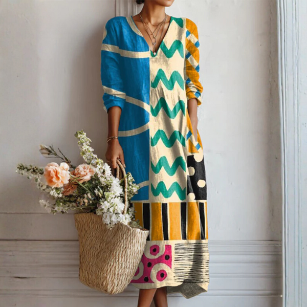 Olivia | Geometric Print V-Neck Midi Sweater Dress