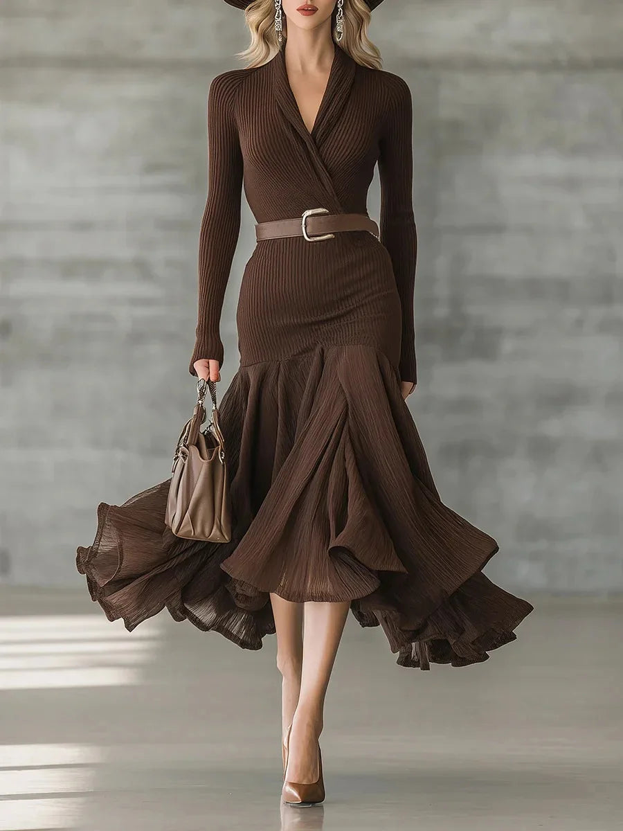 Olivia | Sophisticated Ribbed Knit Sweater Dress with Ruffle Hem