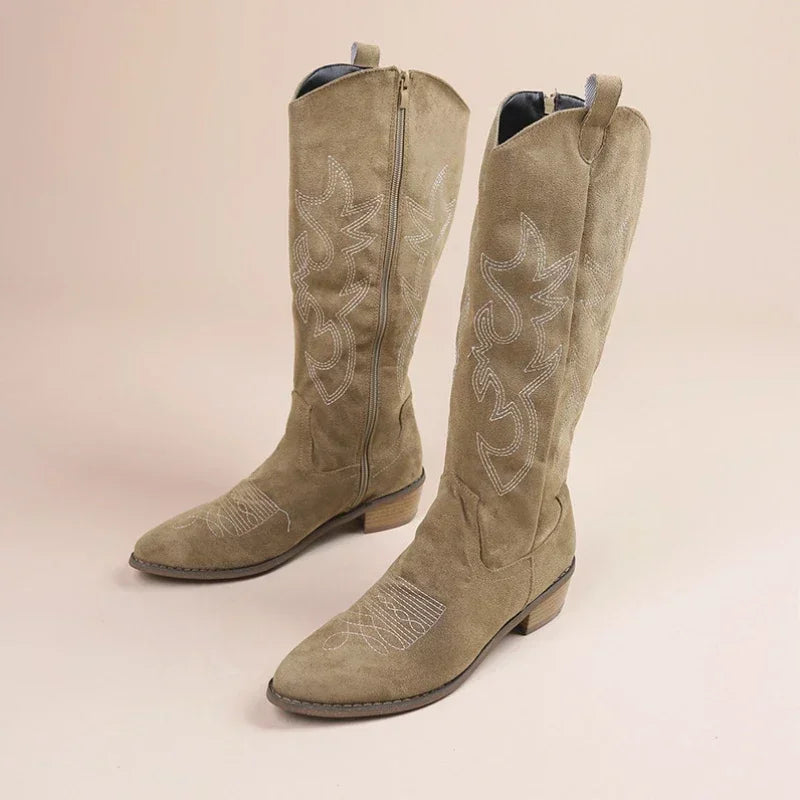 Olivia | Stylish Embroidered Knee-High Cowboy Boots