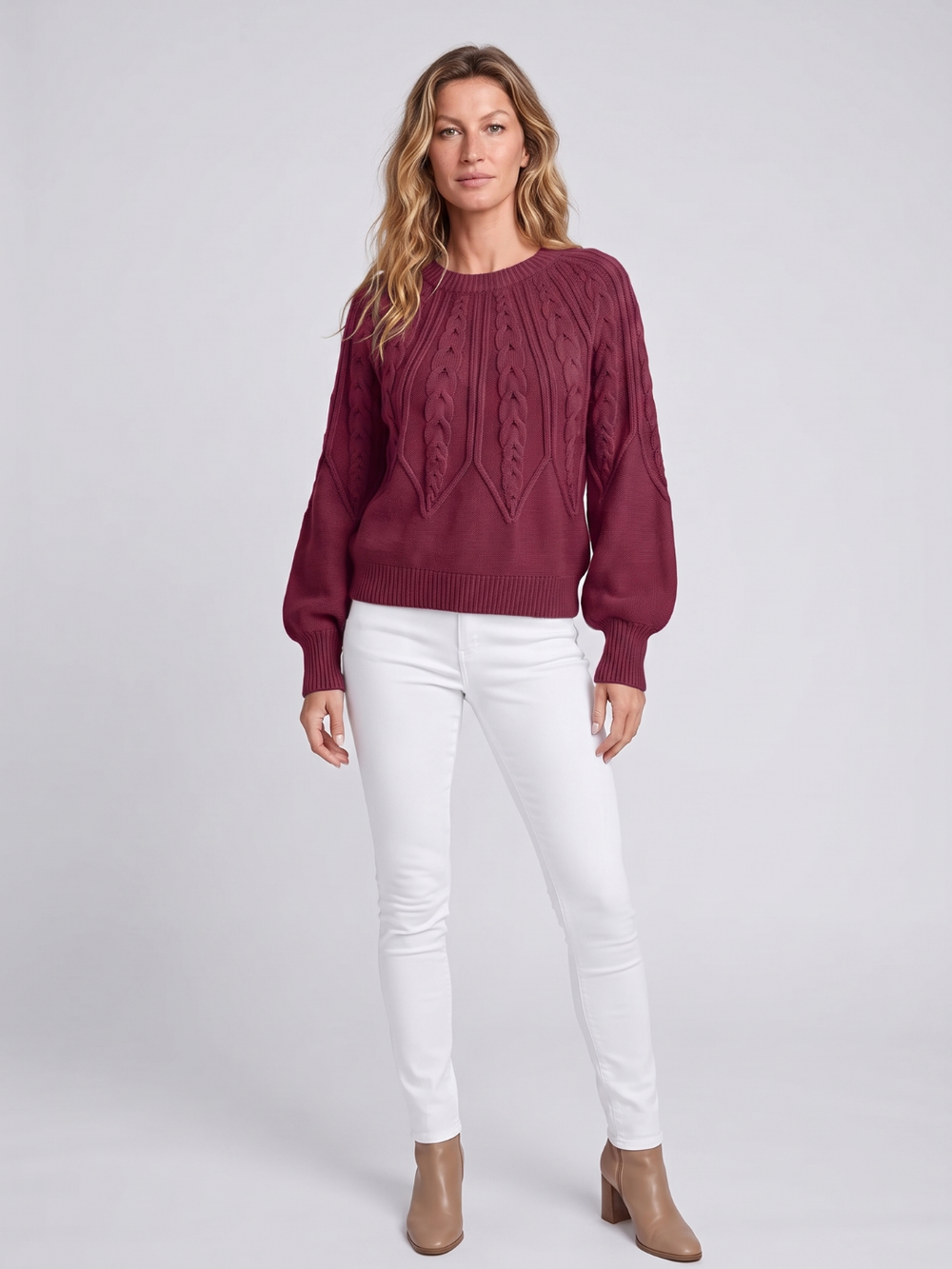 Olivia | Womens Chunky Cable Knit Pullover with Balloon Sleeves
