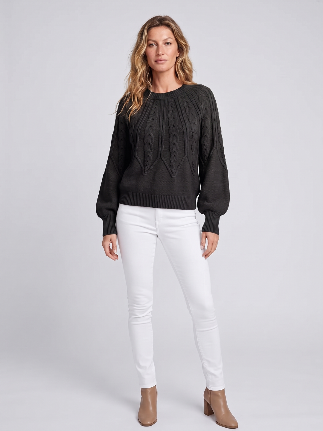 Olivia | Womens Chunky Cable Knit Pullover with Balloon Sleeves
