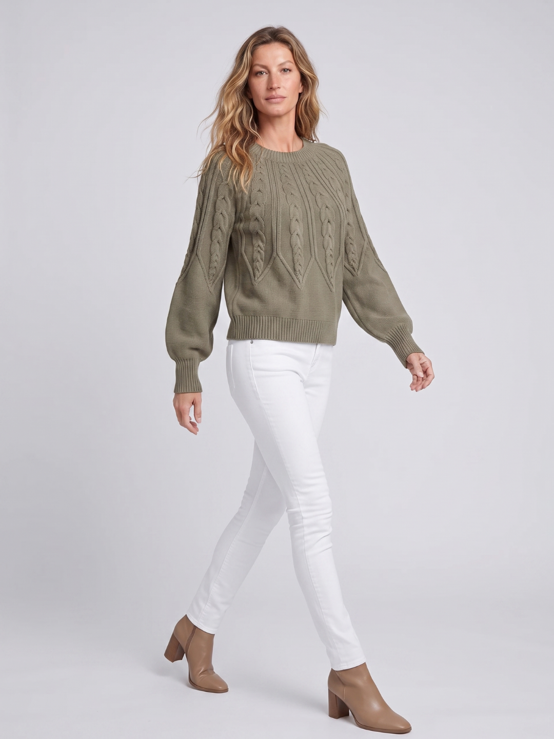 Olivia | Womens Chunky Cable Knit Pullover with Balloon Sleeves