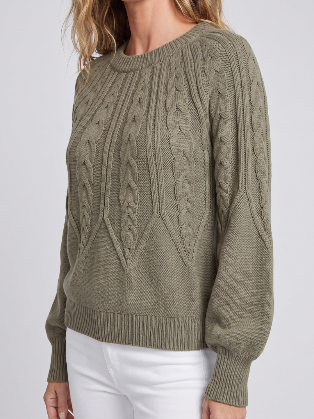 Olivia | Womens Chunky Cable Knit Pullover with Balloon Sleeves