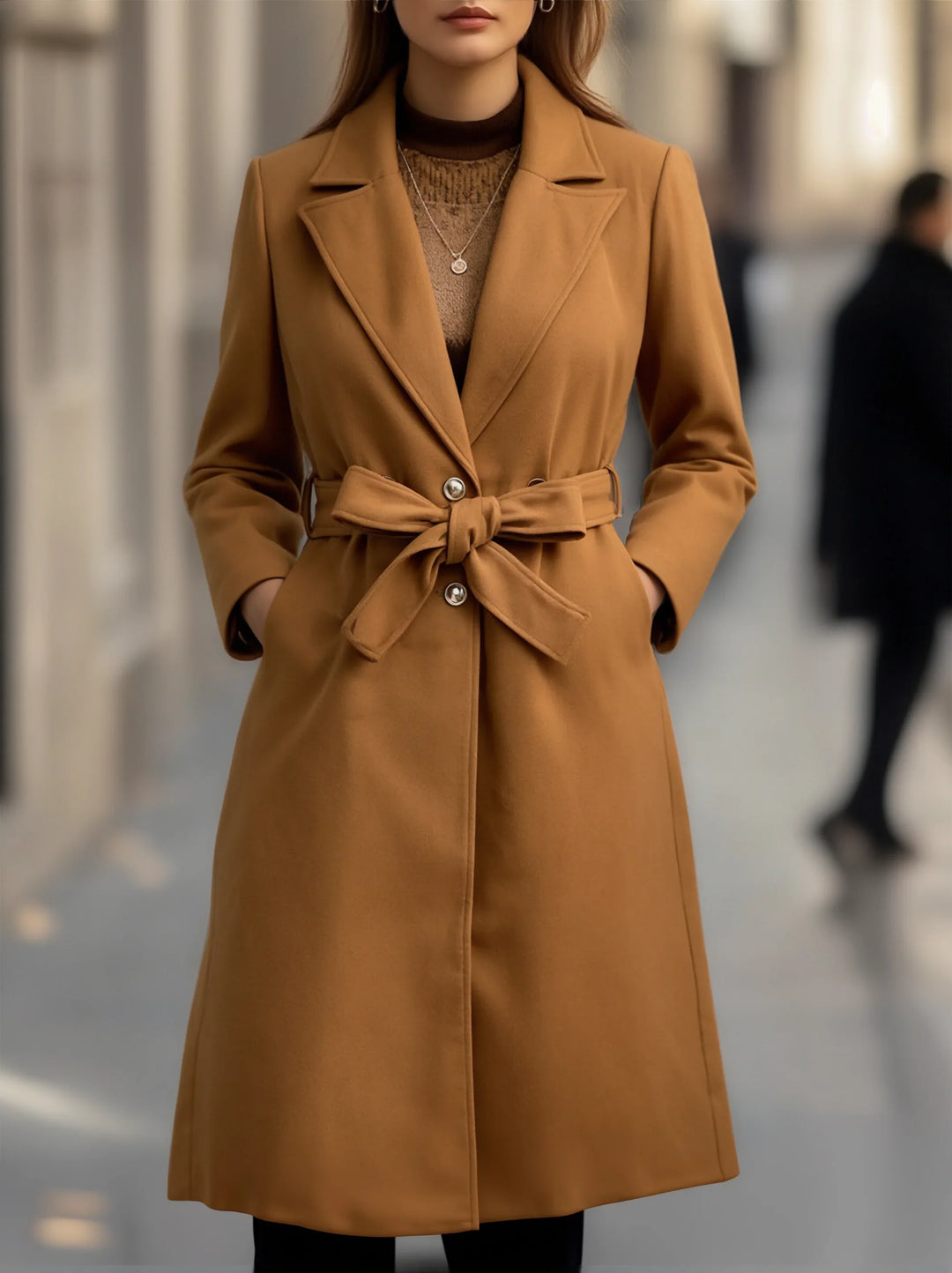 Pamela | Chic Belted Camel Coat with Double-Breasted Lapel