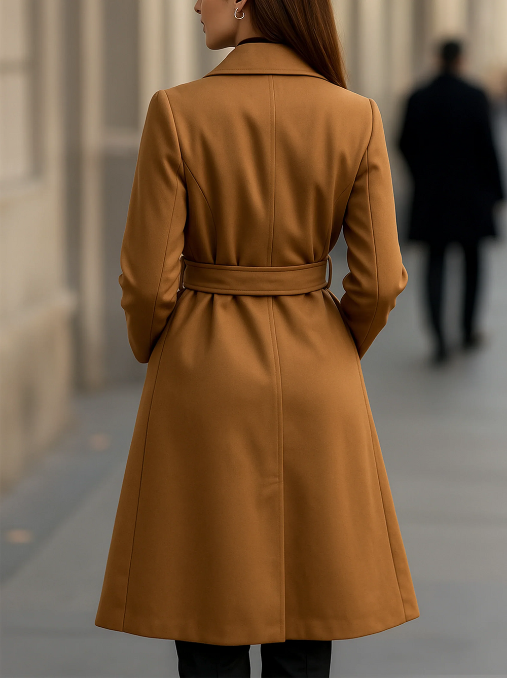 Pamela | Chic Belted Camel Coat with Double-Breasted Lapel