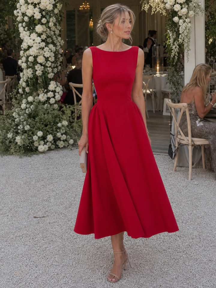 Pamela | Elegant Fitted Holiday Dress with Full Pleated Skirt