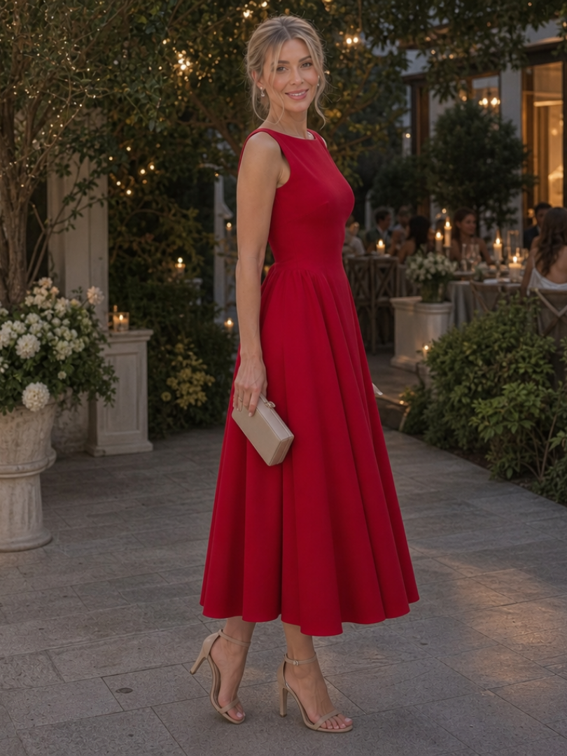 Pamela | Elegant Fitted Holiday Dress with Full Pleated Skirt