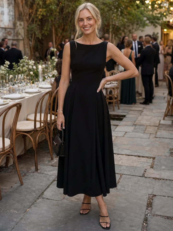 Pamela | Elegant Fitted Holiday Dress with Full Pleated Skirt