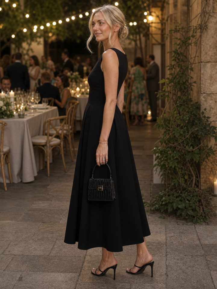 Pamela | Elegant Fitted Holiday Dress with Full Pleated Skirt