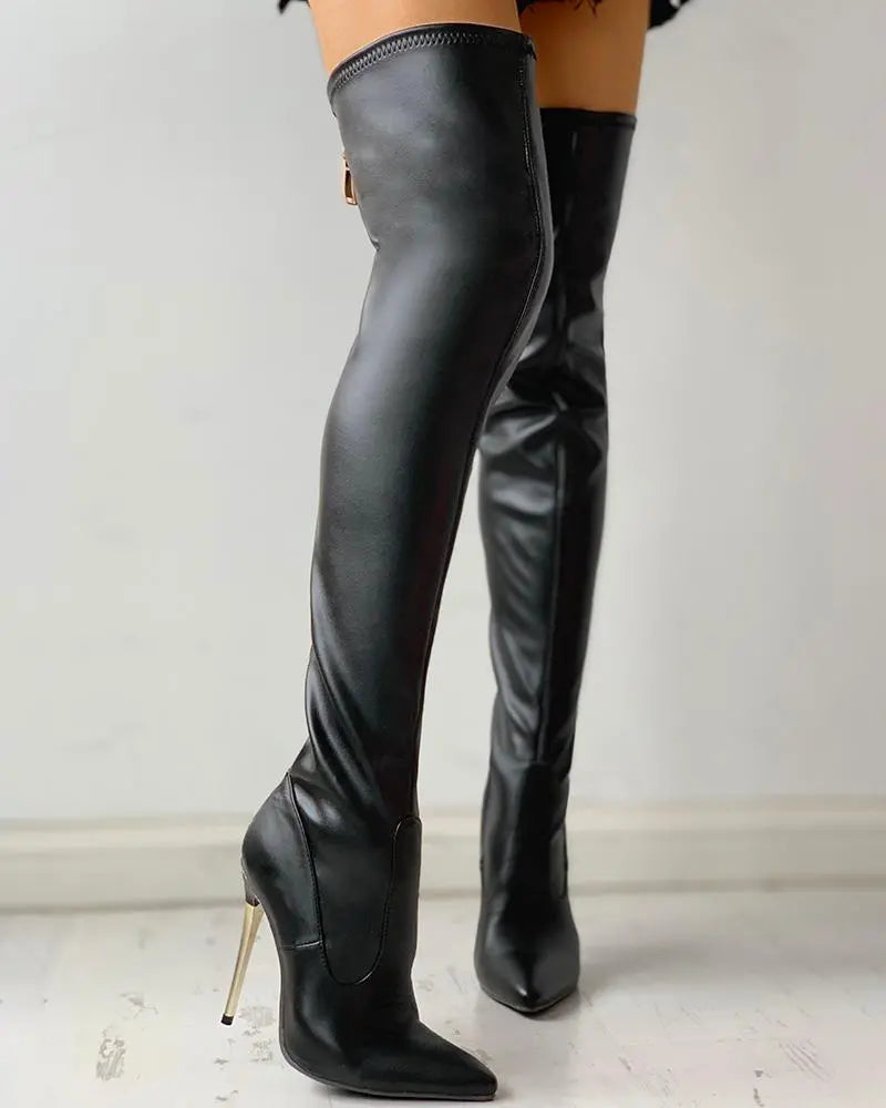 Pamela | Elegant Thigh High Boots with Metallic Stiletto Heel