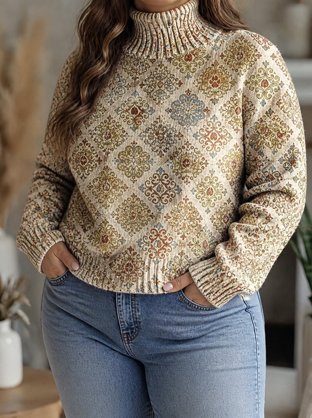 Patricia | Sophisticated Damask Print Oversized Turtleneck Sweater
