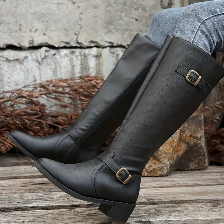 Rachel | Elegant Double Buckle Knee High Riding Boots