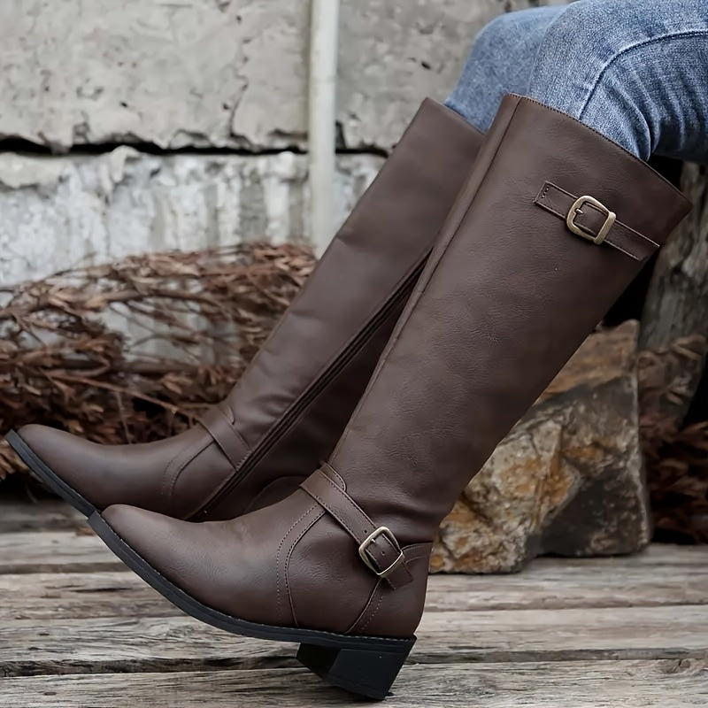 Rachel | Elegant Double Buckle Knee High Riding Boots