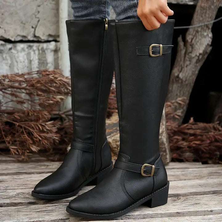 Rachel | Elegant Double Buckle Knee High Riding Boots
