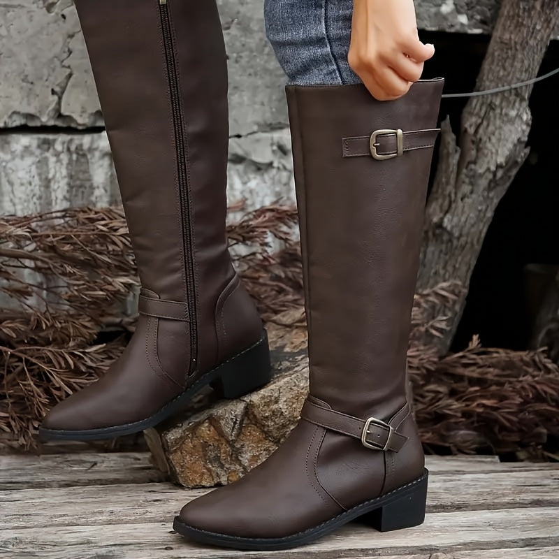 Rachel | Elegant Double Buckle Knee High Riding Boots