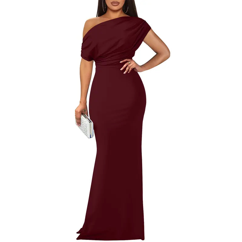 Rachel | Graceful Off-Shoulder Fall Wedding Guest Maxi Dress