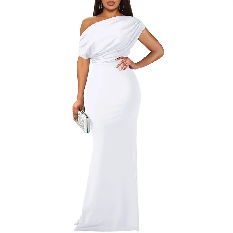 Rachel | Graceful Off-Shoulder Fall Wedding Guest Maxi Dress