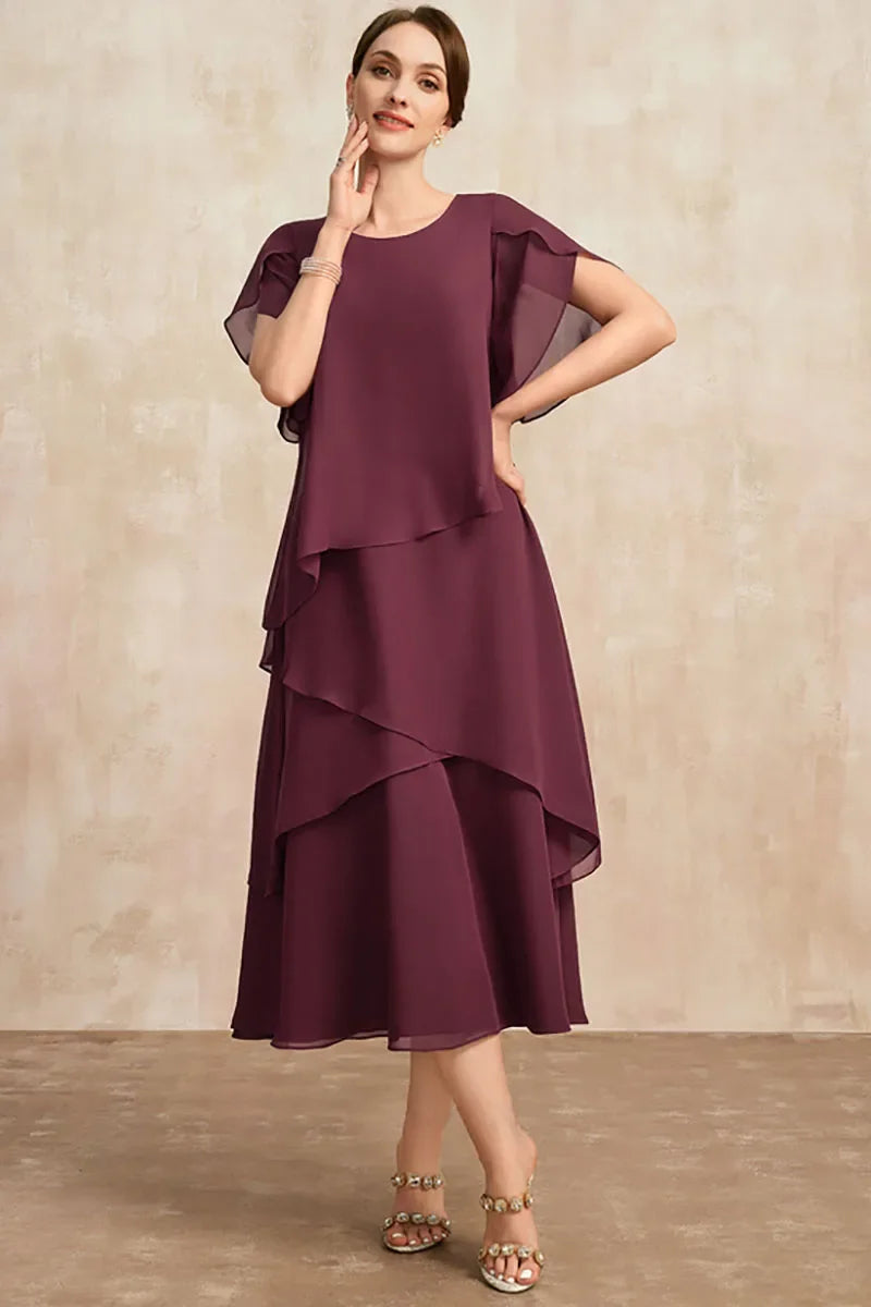 Rachel | Refined Tiered Chiffon Fall Wedding Guest Midi Dress