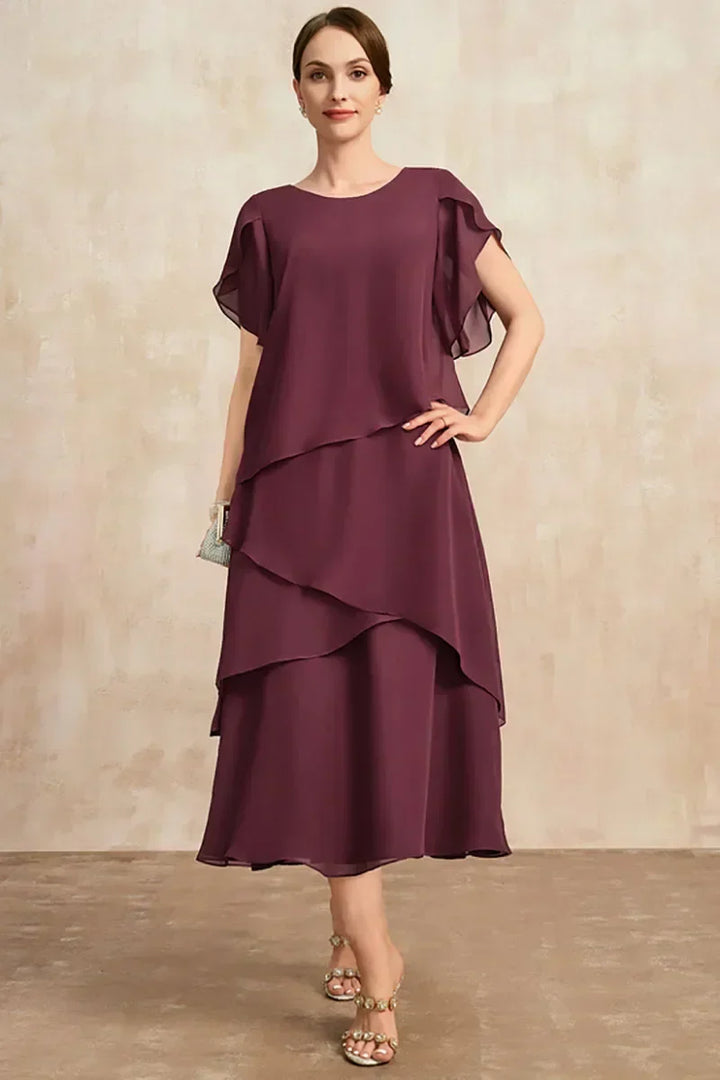 Rachel | Refined Tiered Chiffon Fall Wedding Guest Midi Dress