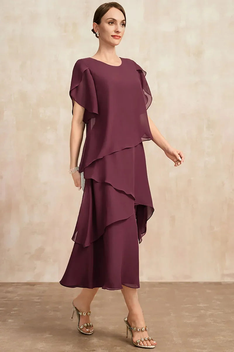 Rachel | Refined Tiered Chiffon Fall Wedding Guest Midi Dress