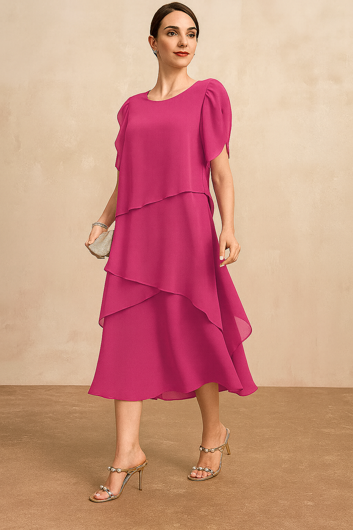 Rachel | Refined Tiered Chiffon Fall Wedding Guest Midi Dress