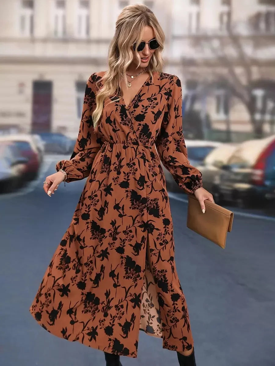Rebecca | Timeless Floral Wrap Bishop Sleeve Fall Wedding Guest Dress