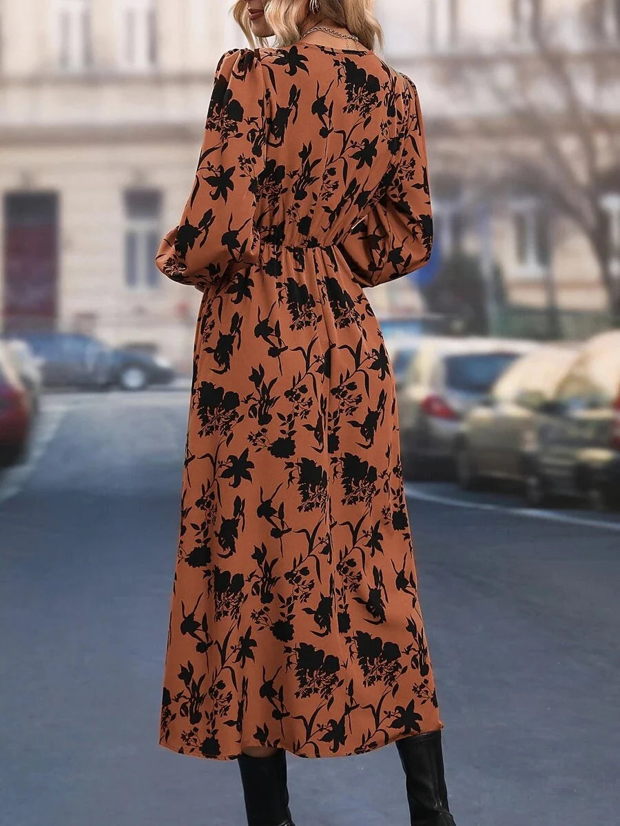 Rebecca | Timeless Floral Wrap Bishop Sleeve Fall Wedding Guest Dress