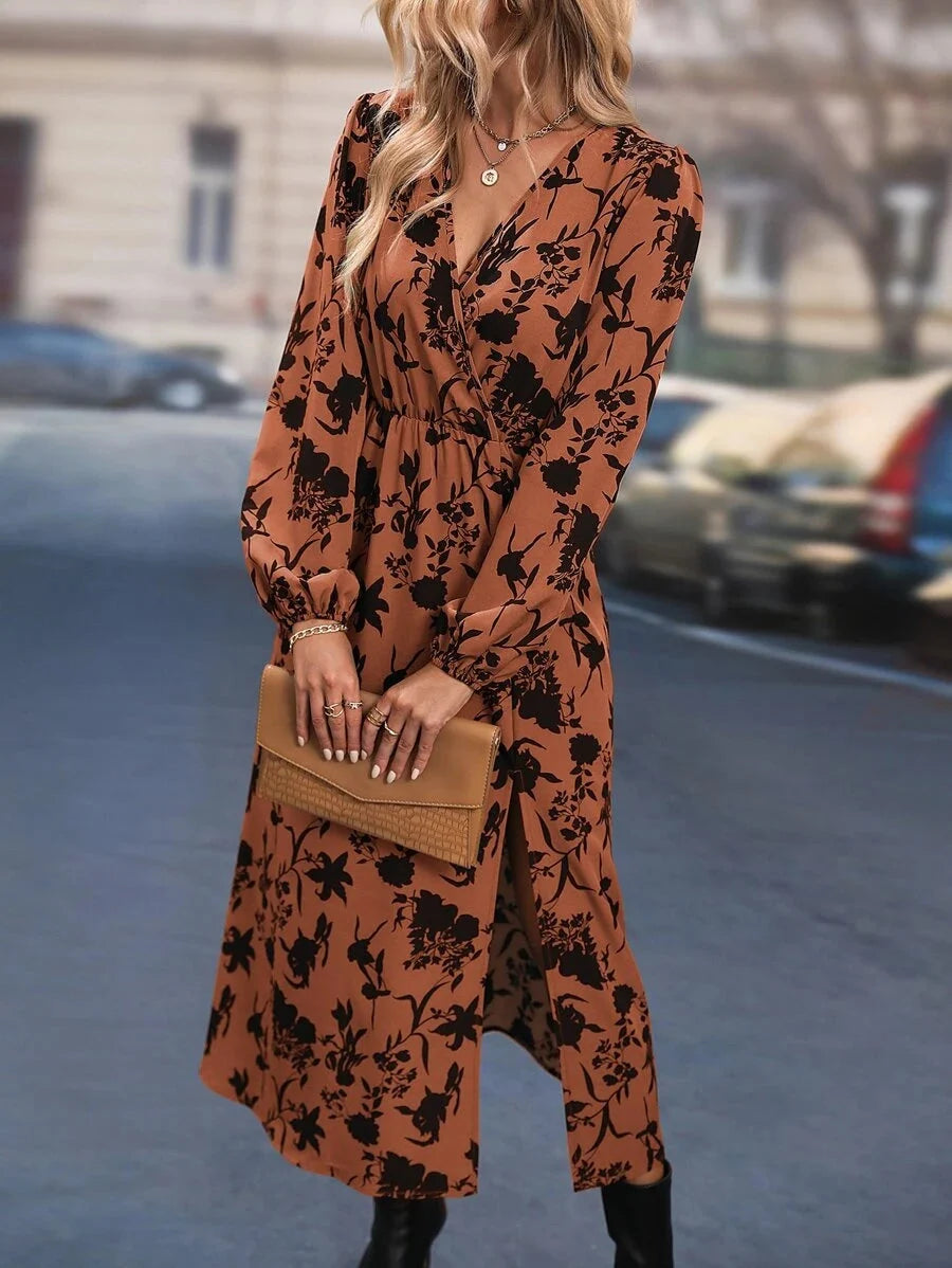 Rebecca | Timeless Floral Wrap Bishop Sleeve Fall Wedding Guest Dress