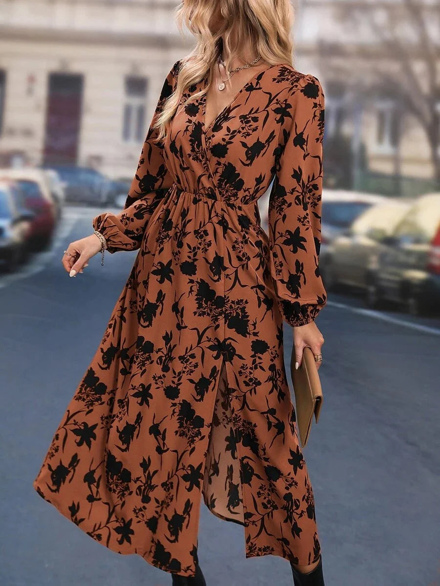 Rebecca | Timeless Floral Wrap Bishop Sleeve Fall Wedding Guest Dress