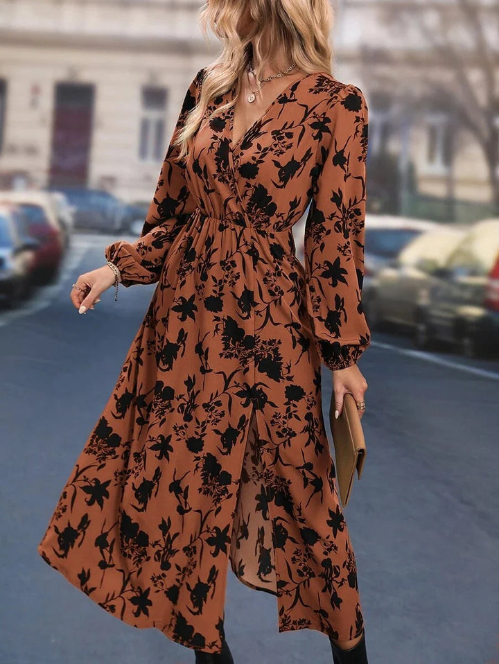 Rebecca | Timeless Floral Wrap Bishop Sleeve Fall Wedding Guest Dress