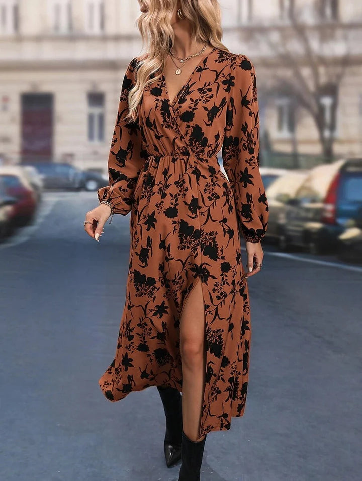 Rebecca | Timeless Floral Wrap Bishop Sleeve Fall Wedding Guest Dress