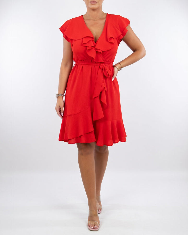 Sandra | Cozy Ruffle Wrap Fall Wedding Guest Midi Dress