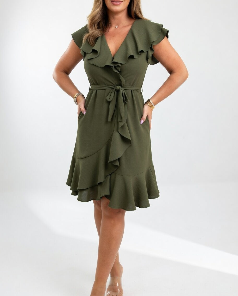 Sandra | Cozy Ruffle Wrap Fall Wedding Guest Midi Dress