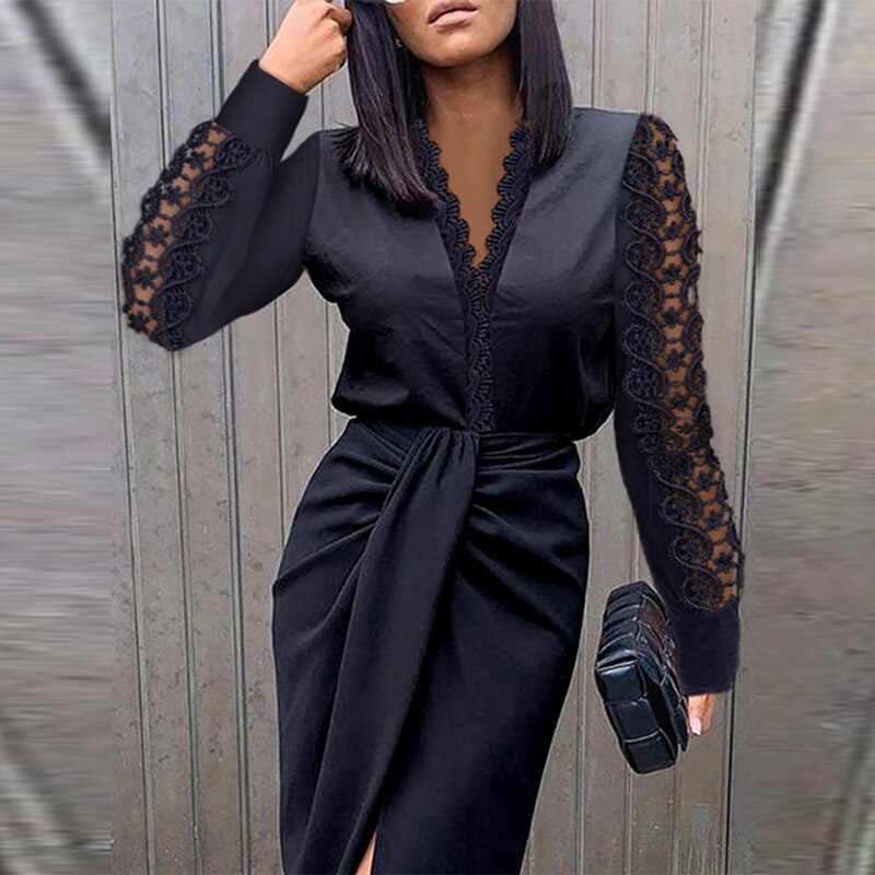 Sandra | Stylish Lace Sleeve Fall Wedding Guest Wrap Dress