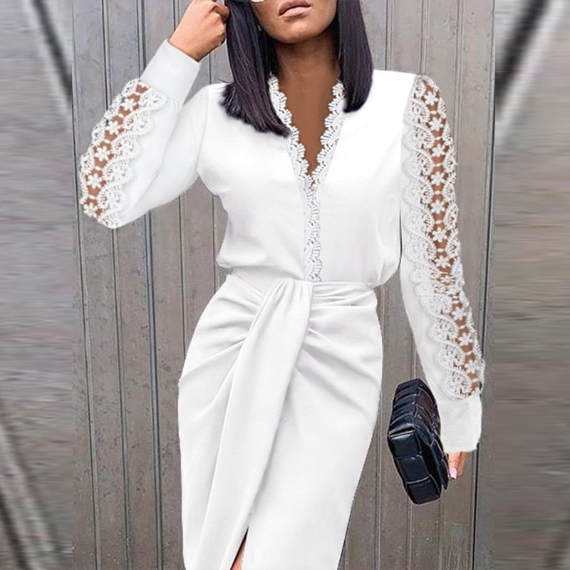 Sandra | Stylish Lace Sleeve Fall Wedding Guest Wrap Dress